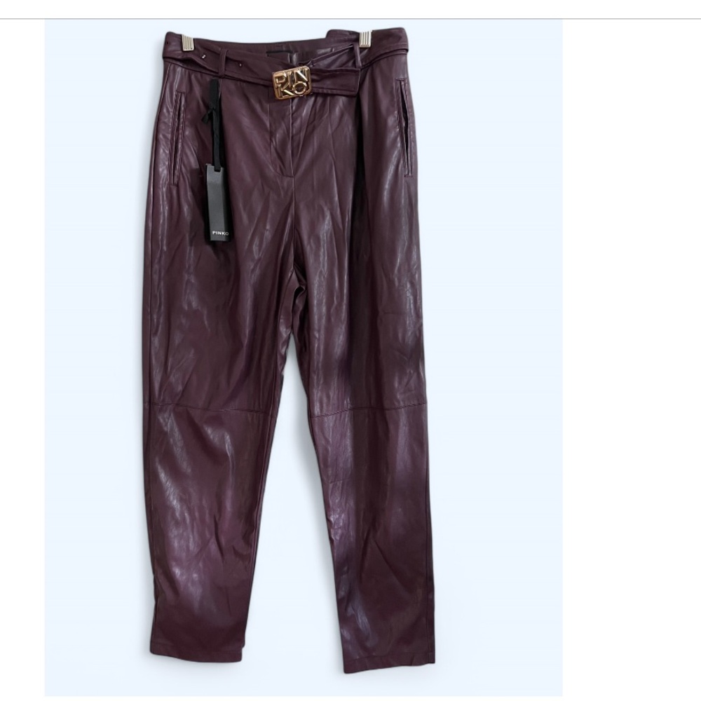 Pinko Burgundy High Waisted Pleather Trousers